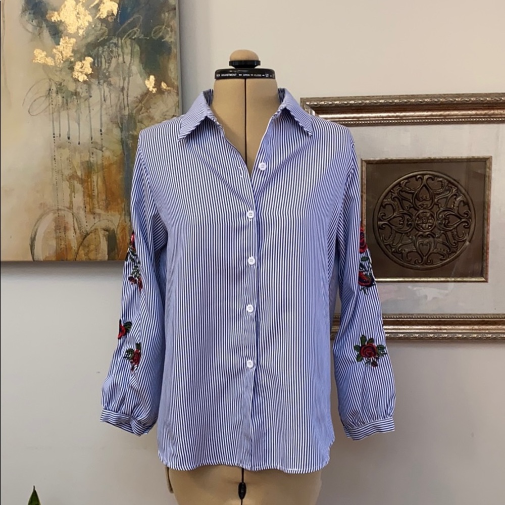 Blue pinstripes with rose embroidered sleeves